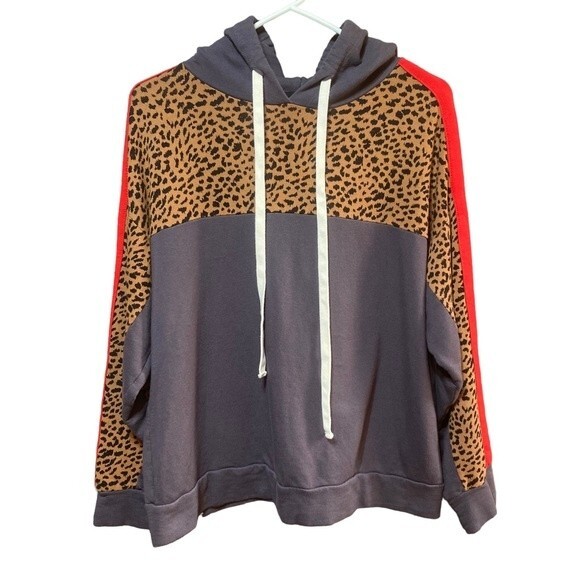 Monrow- Gray/Red/Leopard Print Matching Hoodie & Sweatpant Jogger Set - Picture 2 of 12